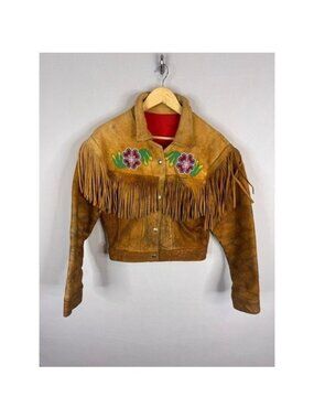 Vintage Buckskin Western Beaded Fringe Jacket Leather Floral Native Crop Women S